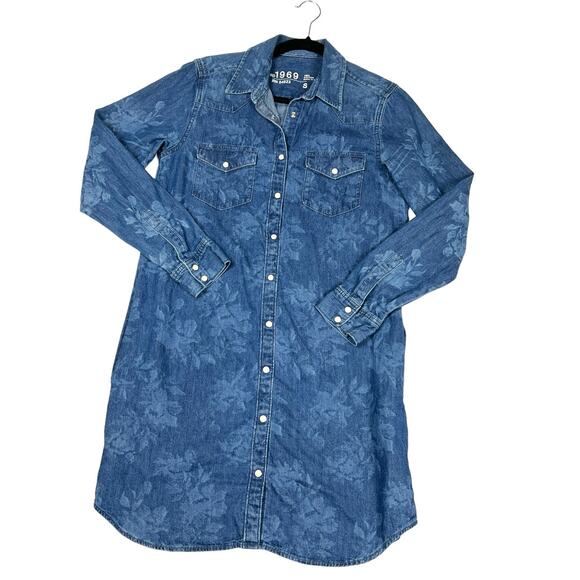 Gap Shirt Dress Floral Chambray‎ Western Pearl Snap Button Front Womens Small - Picture 1 of 14